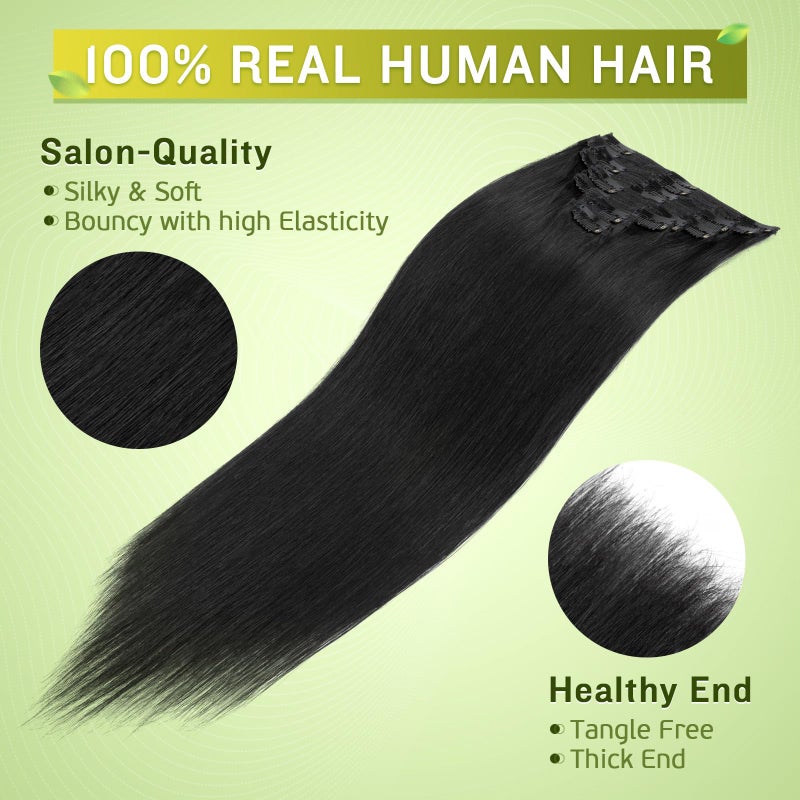 My Lady MY-LADY Double Weft Clip in 100% Remy Human Hair Extensions #1 Jet Black Full Head Thick Thickened Long Soft Straight 8pcs 18clips Natural Black 22" / 22 inch 160g - Image 3